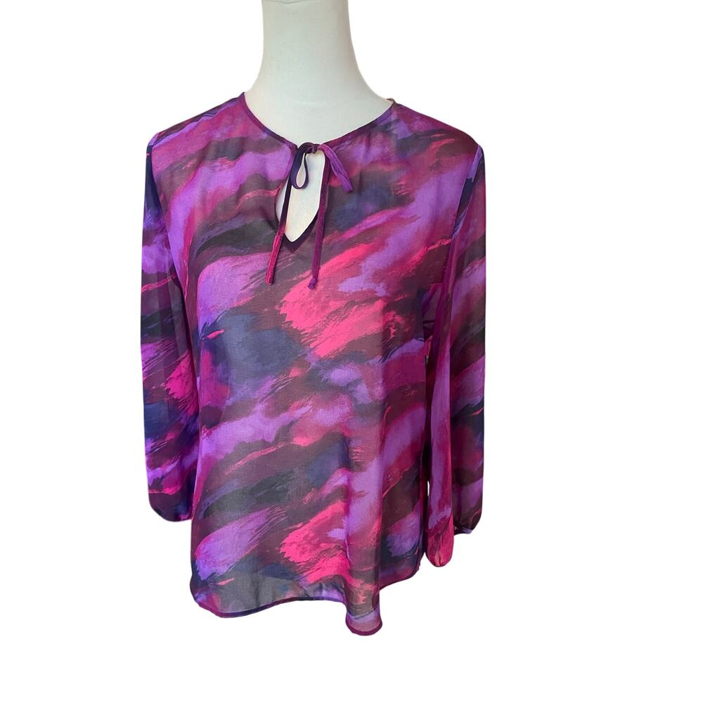 Amber Sun Sheer Abstract Blouse | Purple Pink Chiffon Tie Neck  | Romantic Y2K